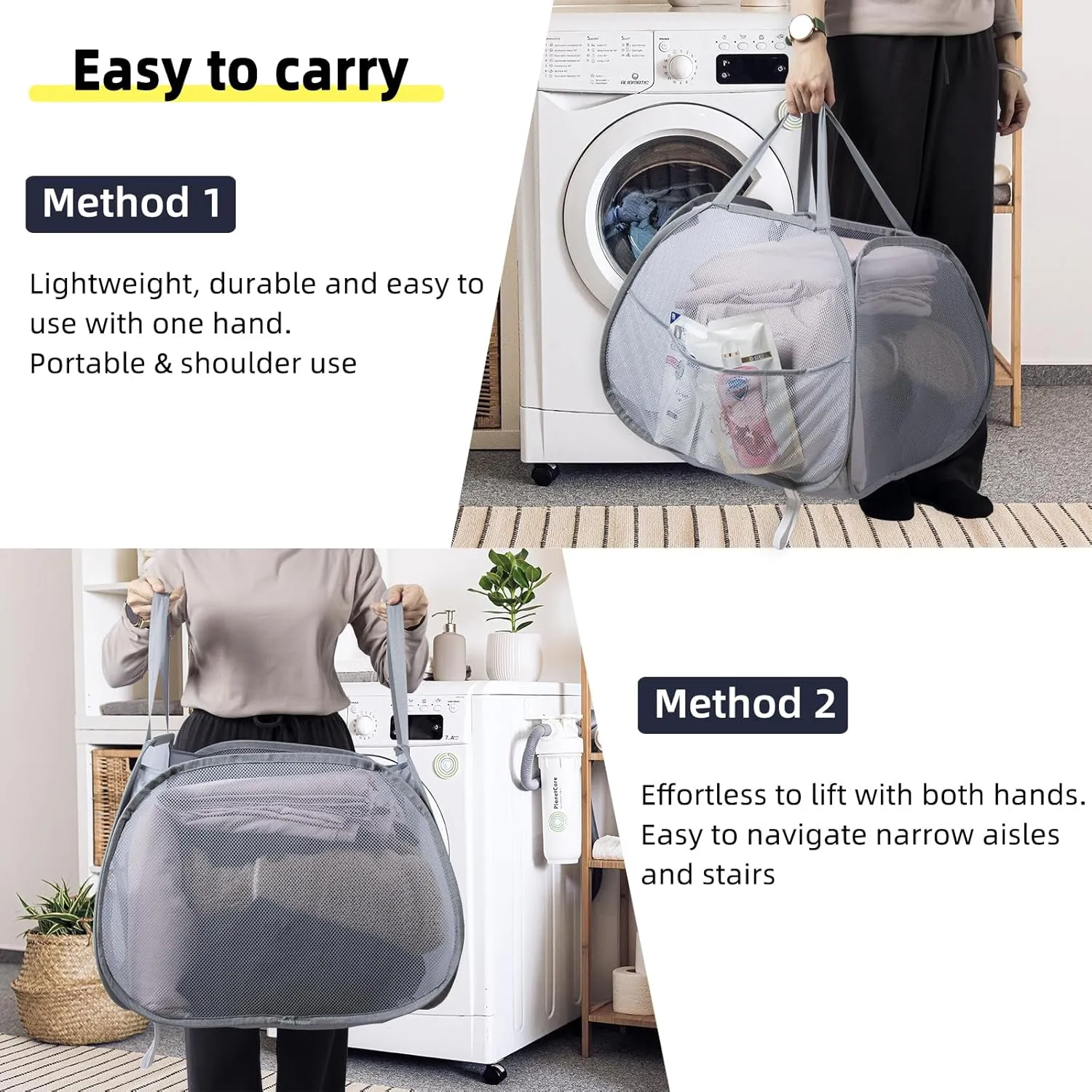 Collapsible Laundry Basket, 90L Foldable Pop Up Laundry Hamper with Handles, Mesh Dirty Clothes Hamper for Laundry, Bathroom, Kids Room, Dorm,Travel or Camping (Gray, 2PCS)