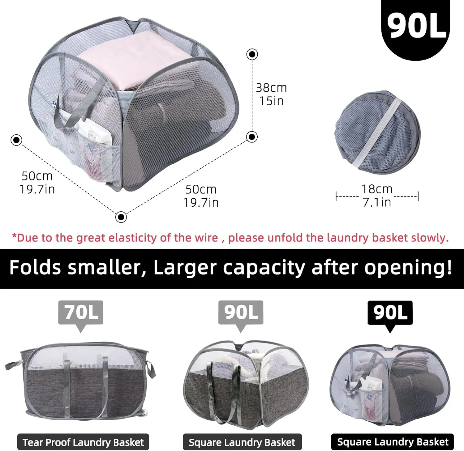 Collapsible Laundry Basket, 90L Foldable Pop Up Laundry Hamper with Handles, Mesh Dirty Clothes Hamper for Laundry, Bathroom, Kids Room, Dorm,Travel or Camping (Gray, 2PCS)