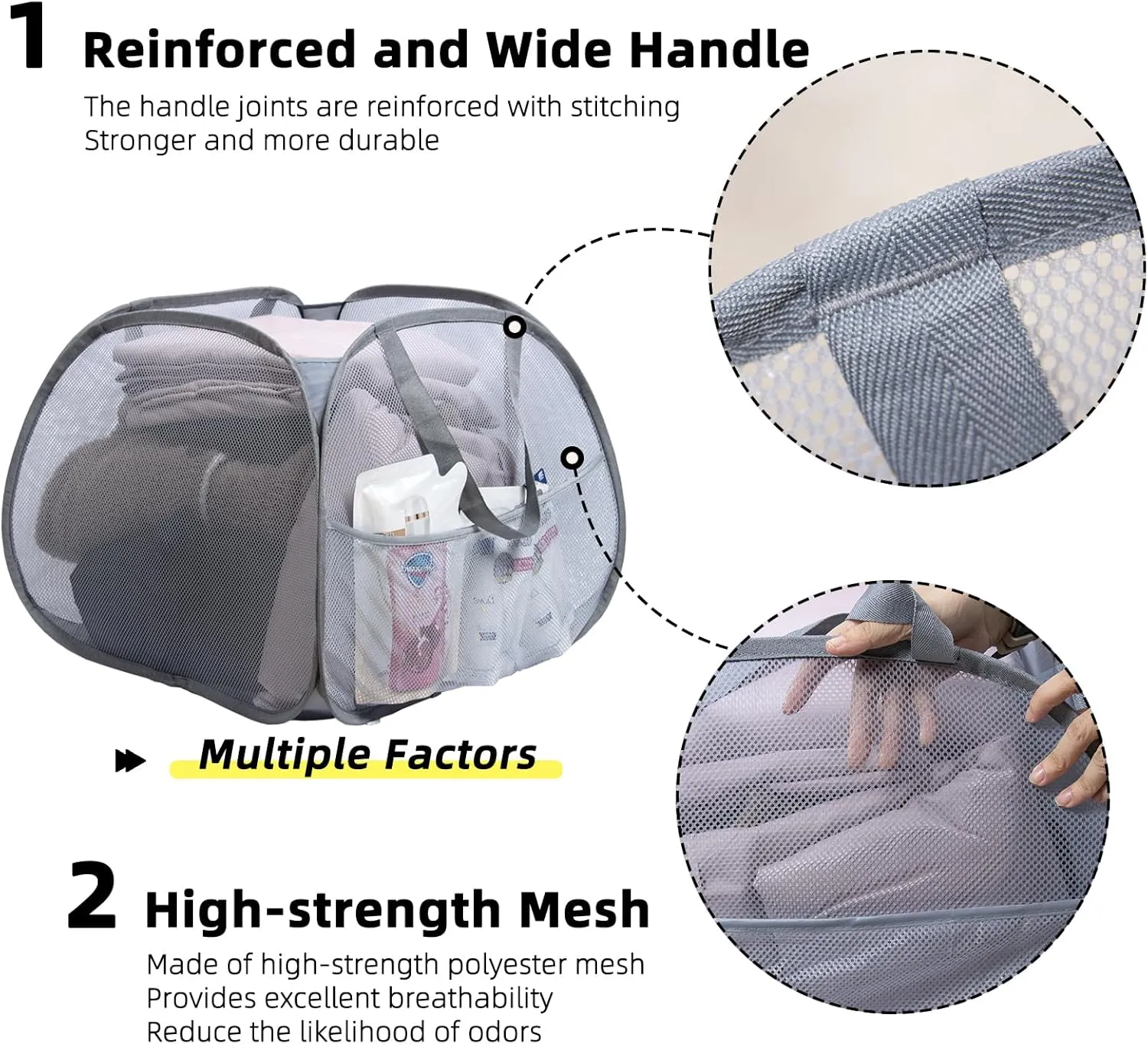 Collapsible Laundry Basket, 90L Foldable Pop Up Laundry Hamper with Handles, Mesh Dirty Clothes Hamper for Laundry, Bathroom, Kids Room, Dorm,Travel or Camping (Gray, 2PCS)