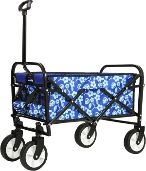 Collapsible Utility Wagon, Floral Blue Pattern, Heavy Duty 225 lbs Capacity, Beach Cart with Pull Handle