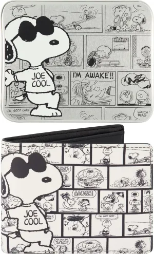 Concept One Peanuts Wallet, Snoopy Joe Cool Slim Bifold Wallet with Decorative Tin Case for Men and Women, Multicolor