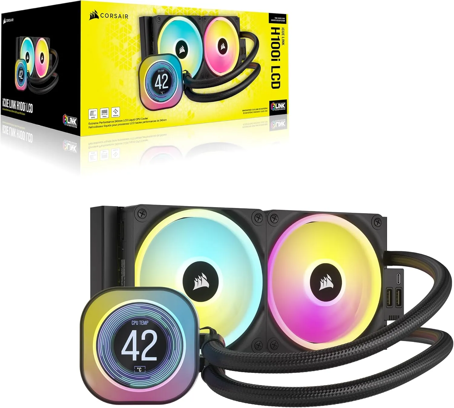 CORSAIR iCUE Link H100i LCD Liquid CPU Cooler - 240mm AIO - QX120 RGB Fans - 2.1” IPS LCD Screen - Fits Intel LGA 1700, AMD AM5 - iCUE Link System Hub Included - Black