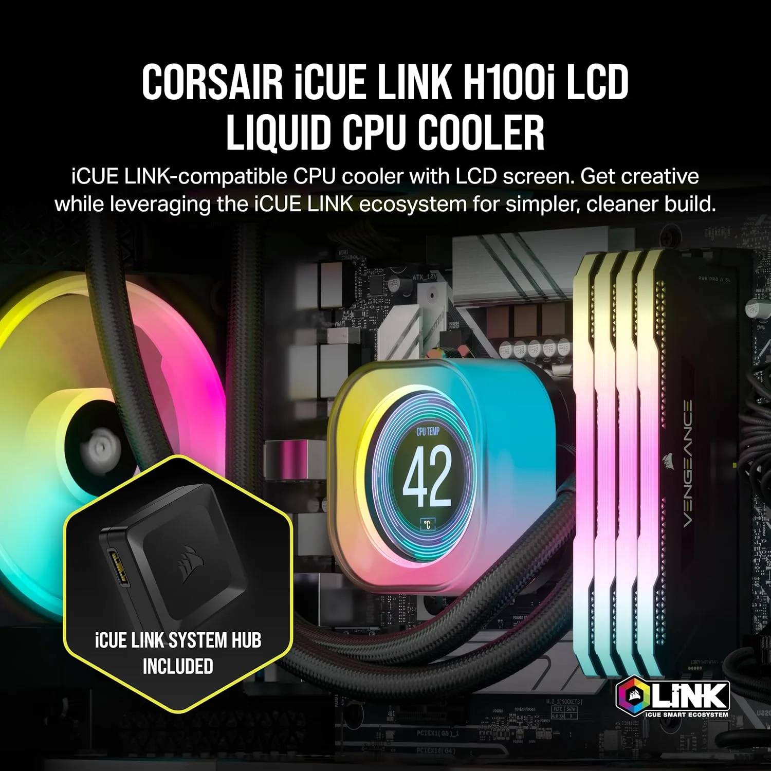 CORSAIR iCUE Link H100i LCD Liquid CPU Cooler - 240mm AIO - QX120 RGB Fans - 2.1” IPS LCD Screen - Fits Intel LGA 1700, AMD AM5 - iCUE Link System Hub Included - Black