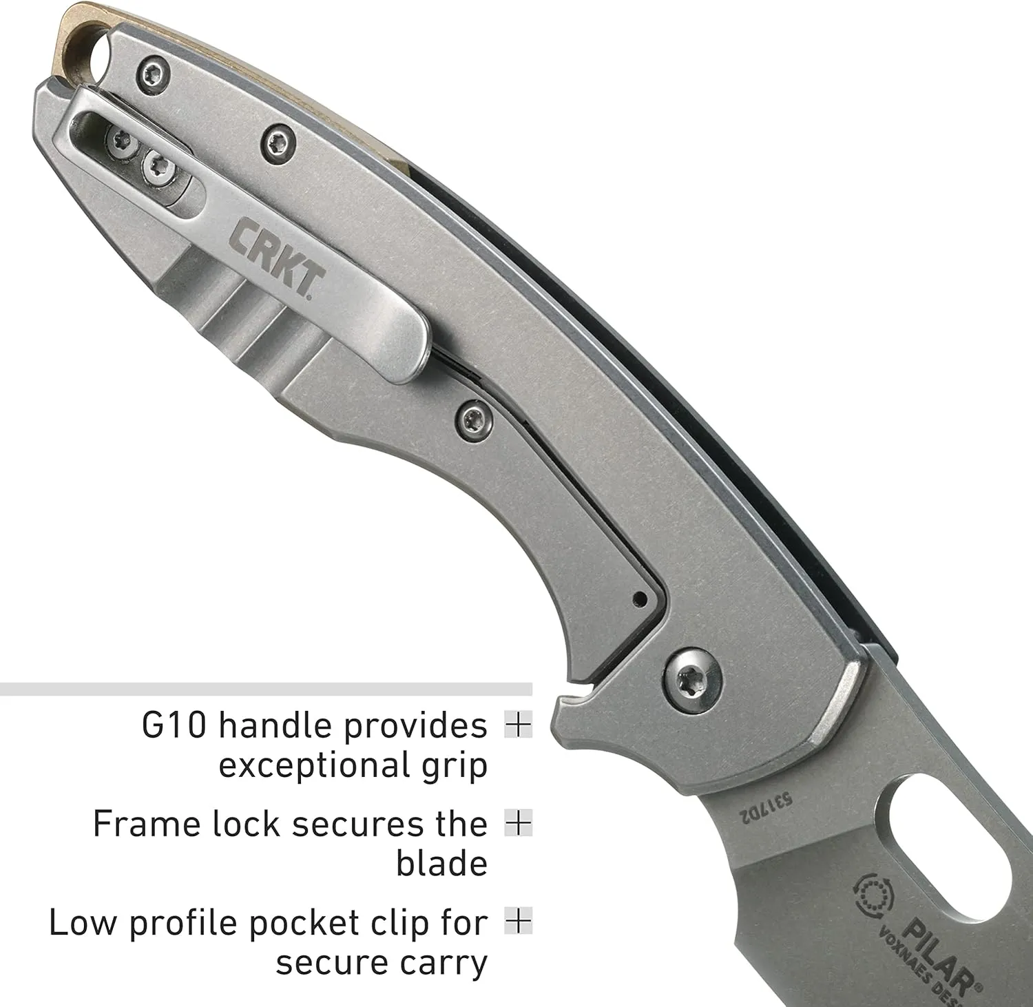 CRKT Pilar III EDC Folding Pocket Knife:D2 Blade Steel, Compact Everyday Carry, Satin Blade with Finger Choil, Thumb Slot Open, Frame Lock Stainless Handle, Reversible Pocket Clip 5317D2