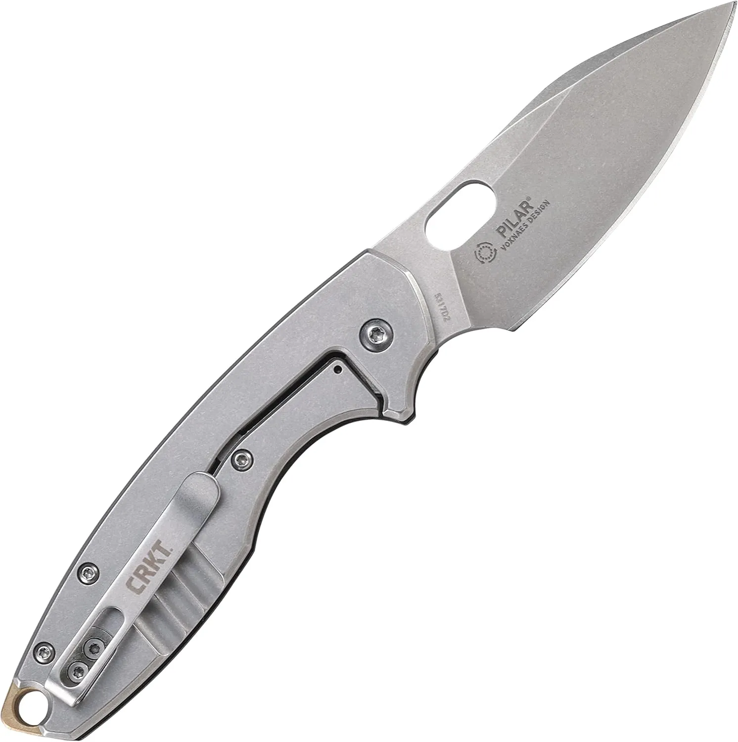 CRKT Pilar III EDC Folding Pocket Knife:D2 Blade Steel, Compact Everyday Carry, Satin Blade with Finger Choil, Thumb Slot Open, Frame Lock Stainless Handle, Reversible Pocket Clip 5317D2