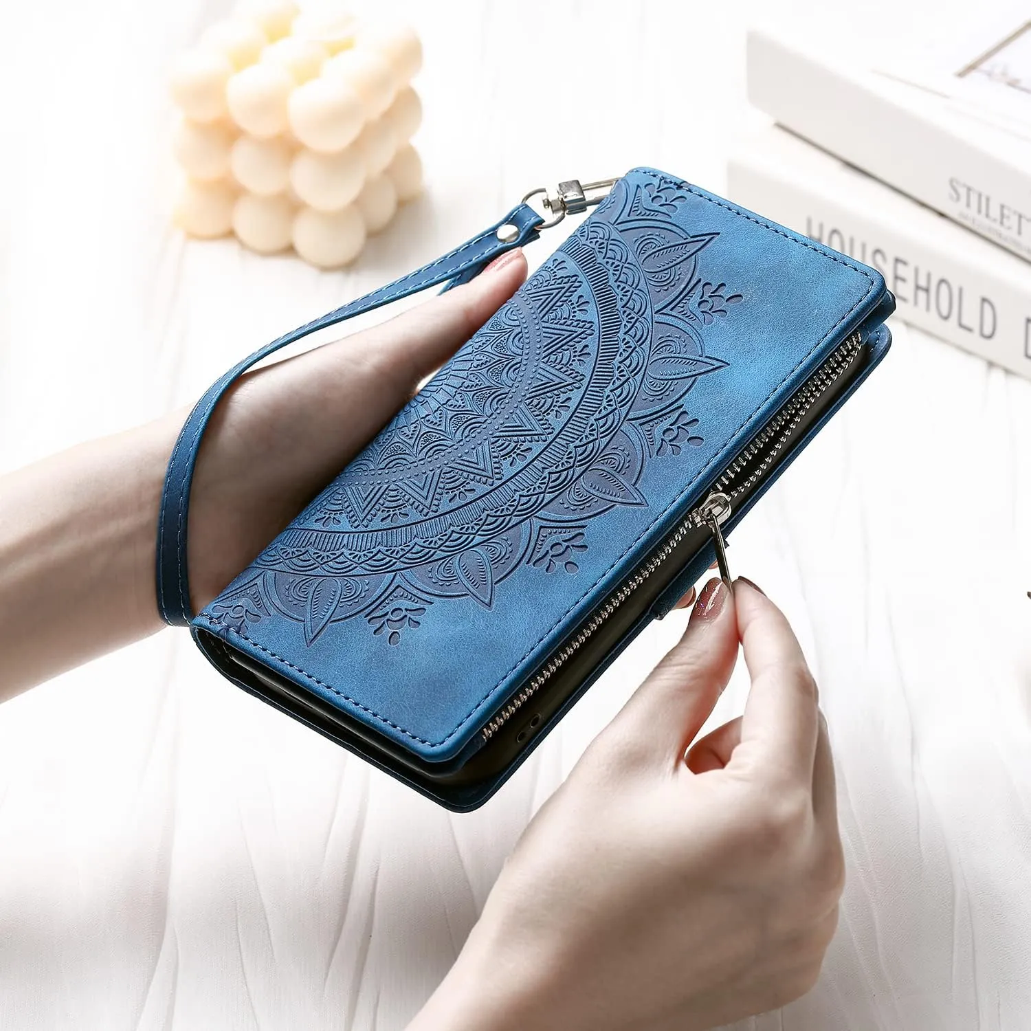Crossbody Wallet Case for iPhone 11 Pro, Leather Case with Lanyard Strap Wristlet Zipper Card Holder, Flip Phone case Cover for iPhone 11 Pro (Blue)