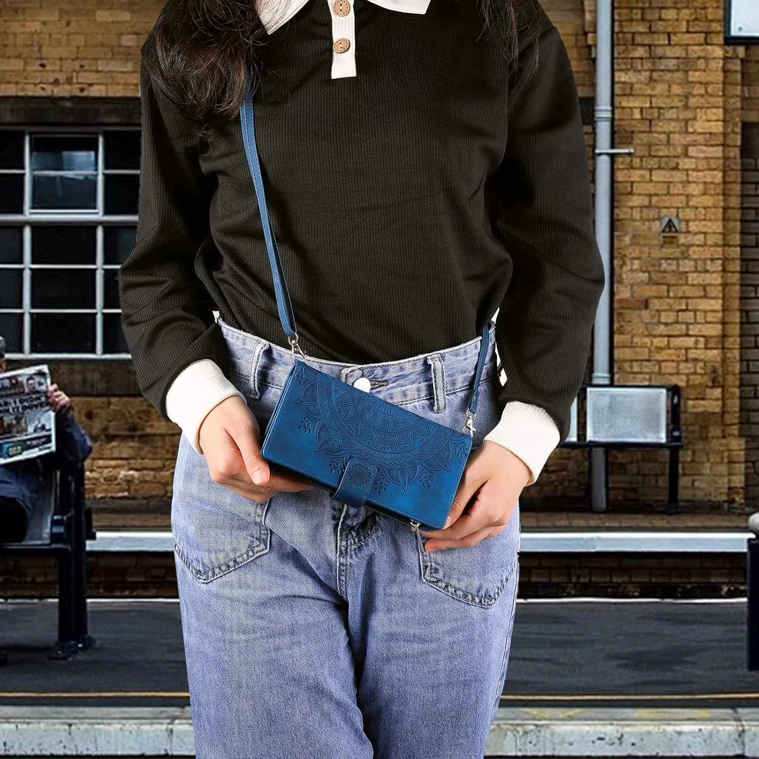 Crossbody Wallet Case for iPhone 11 Pro, Leather Case with Lanyard Strap Wristlet Zipper Card Holder, Flip Phone case Cover for iPhone 11 Pro (Blue)