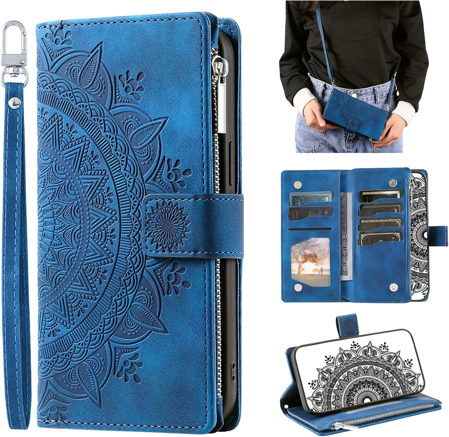 Crossbody Wallet Case for iPhone 11 Pro, Leather Case with Lanyard Strap Wristlet Zipper Card Holder, Flip Phone case Cover for iPhone 11 Pro (Blue)