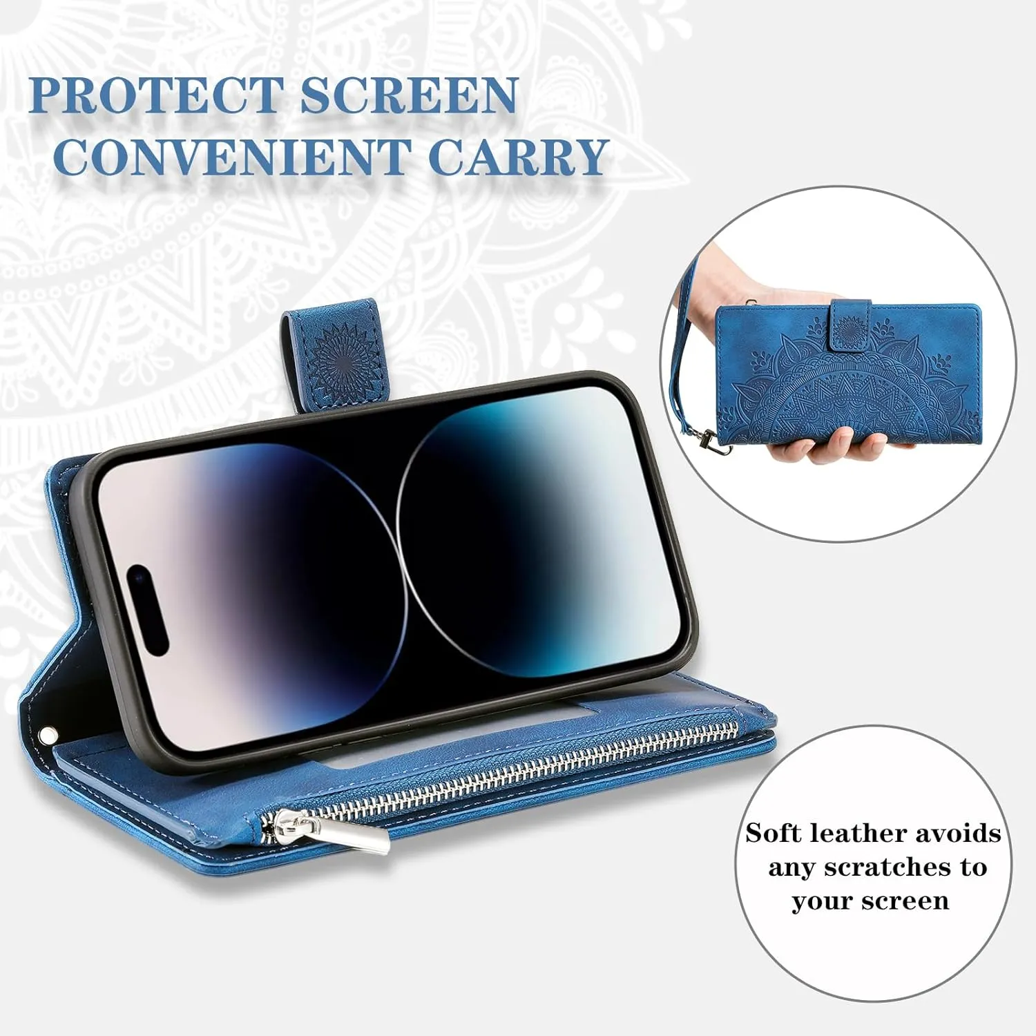 Crossbody Wallet Case for iPhone 11 Pro, Leather Case with Lanyard Strap Wristlet Zipper Card Holder, Flip Phone case Cover for iPhone 11 Pro (Blue)