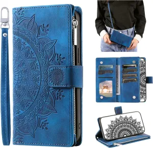 Crossbody Wallet Case for iPhone 11 Pro, Leather Case with Lanyard Strap Wristlet Zipper Card Holder, Flip Phone case Cover for iPhone 11 Pro (Blue)