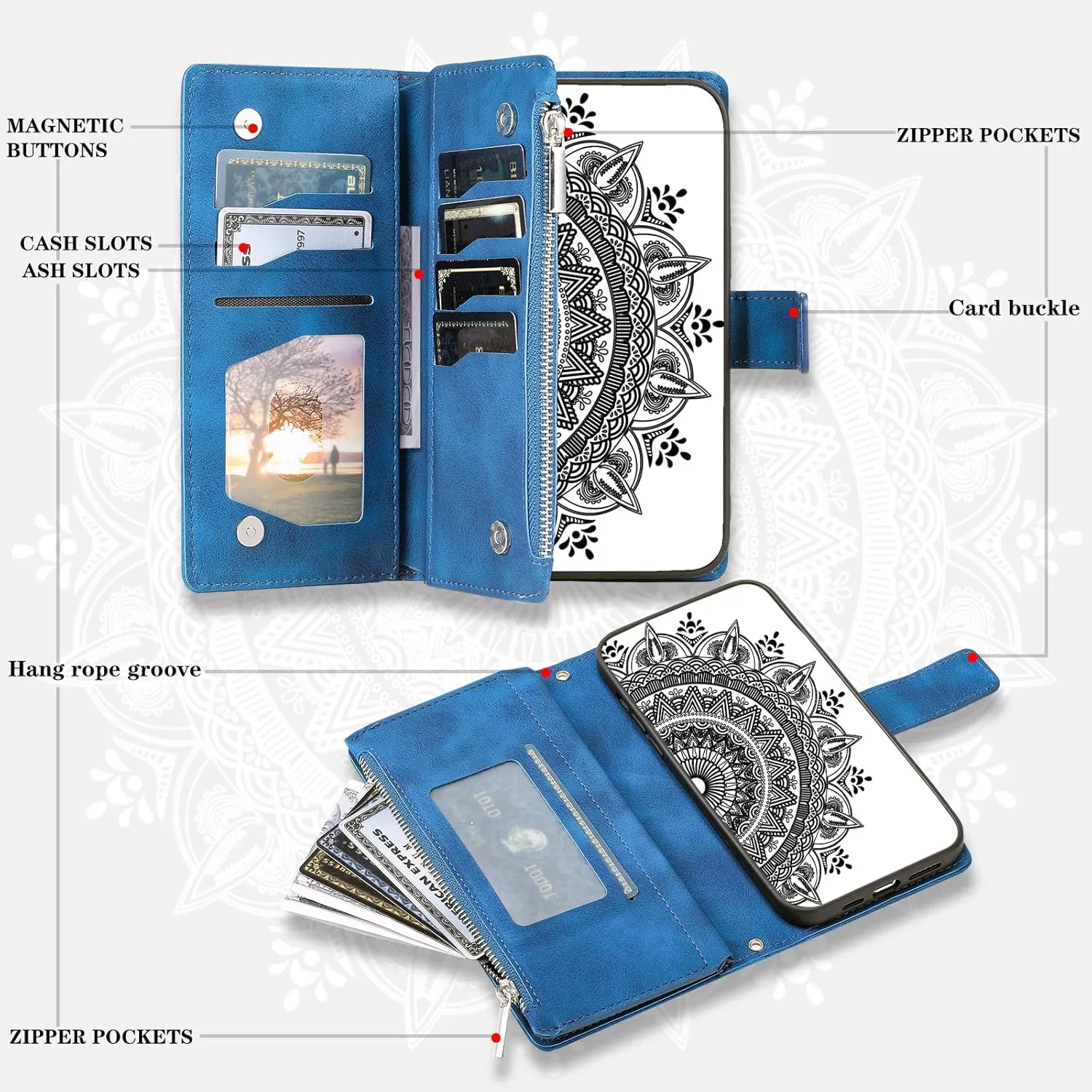 Crossbody Wallet Case for iPhone 11 Pro, Leather Case with Lanyard Strap Wristlet Zipper Card Holder, Flip Phone case Cover for iPhone 11 Pro (Blue)