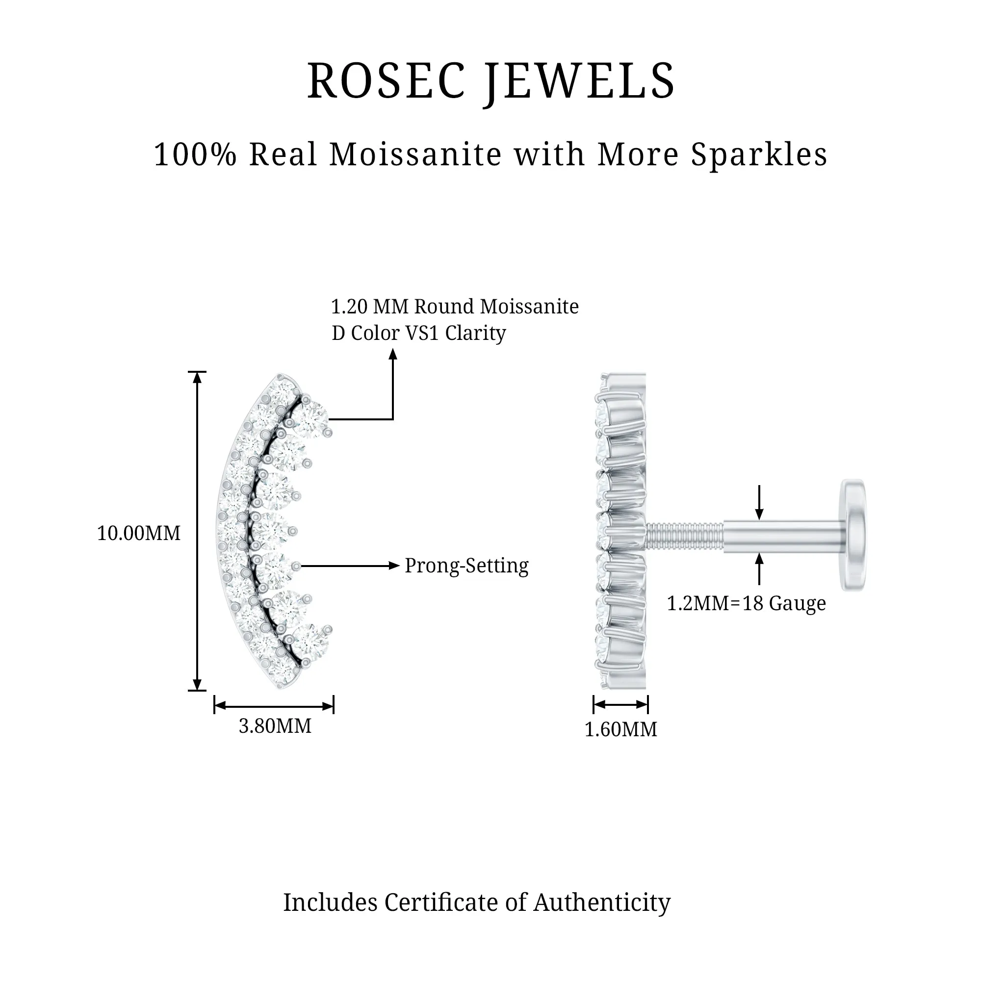Curved Moissanite Minimal Earring for Cartilage Piercing