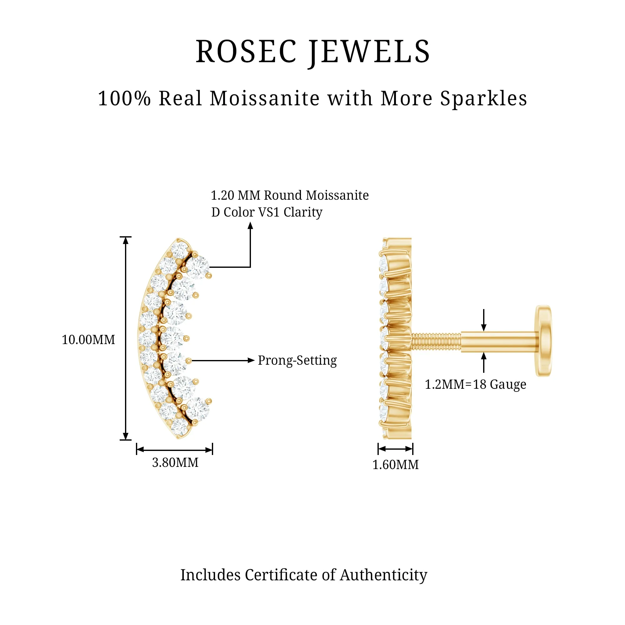 Curved Moissanite Minimal Earring for Cartilage Piercing