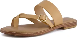 CUSHIONAIRE Laws Women’s Flat Sandal – Faux Leather Slip-On with Toe Loop, Adjustable Buckle & Cushioned Footbed