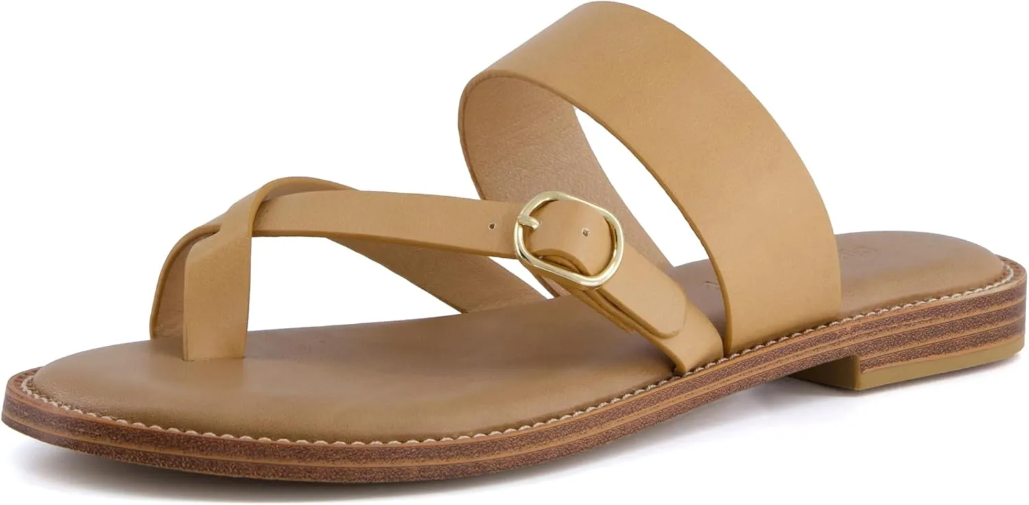 CUSHIONAIRE Laws Women’s Flat Sandal – Faux Leather Slip-On with Toe Loop, Adjustable Buckle & Cushioned Footbed