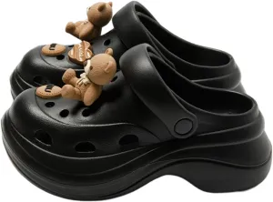 Cute Bowknot Bear Slippers for Women Clogs with Hole EVA 2" Y2K Platform Slides Height Increase Anti-Slip Thick Sole Adjustable Heel Indoor Shower Sandals Outdoor Travel Beach Sandals