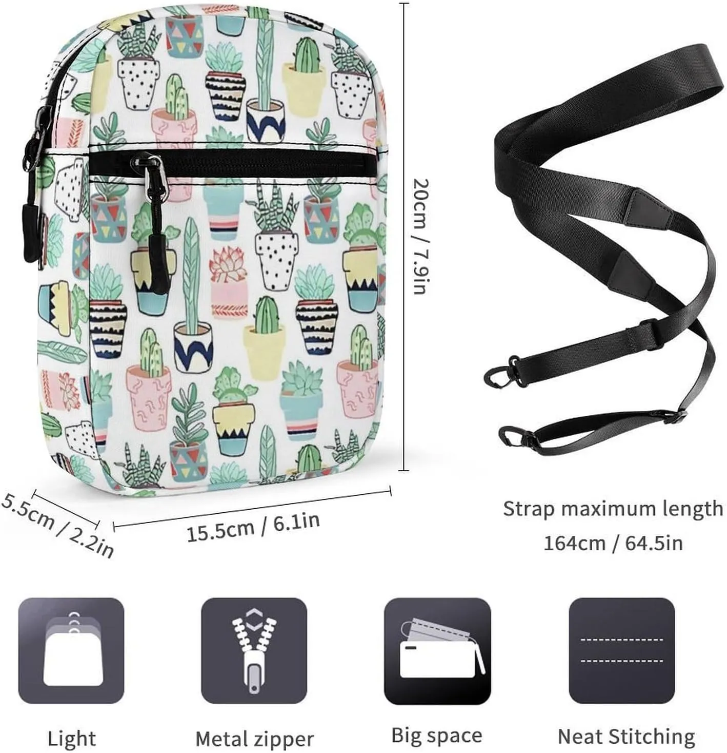 Cute Cacti in Pots Crossbody Bag Small Shoulder Bag Waterproof, Lightweight And Convenient