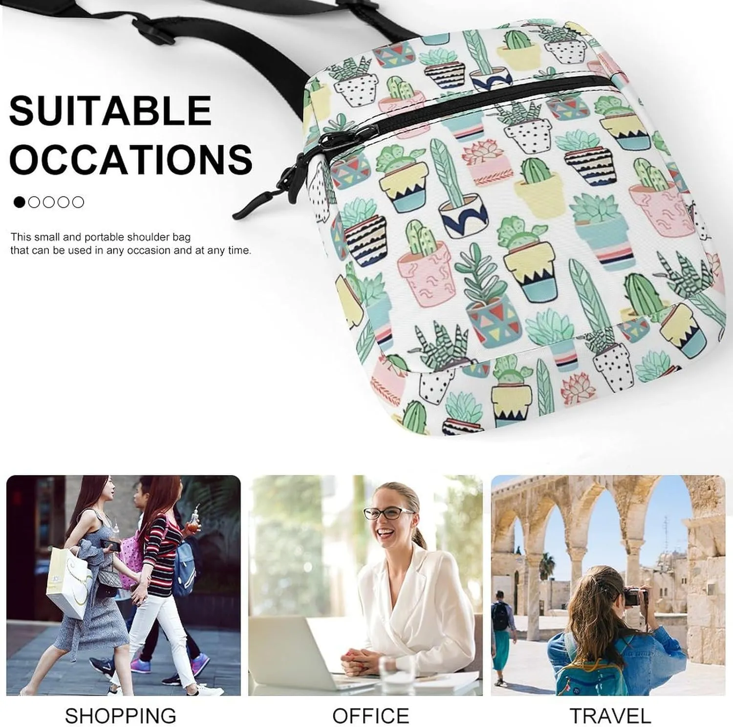 Cute Cacti in Pots Crossbody Bag Small Shoulder Bag Waterproof, Lightweight And Convenient