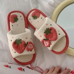 Cute Strawberry Slippers Indoor Linen House Slippers for Women Cotton Home Floor Slippers Open Toe Non-Slip Slides