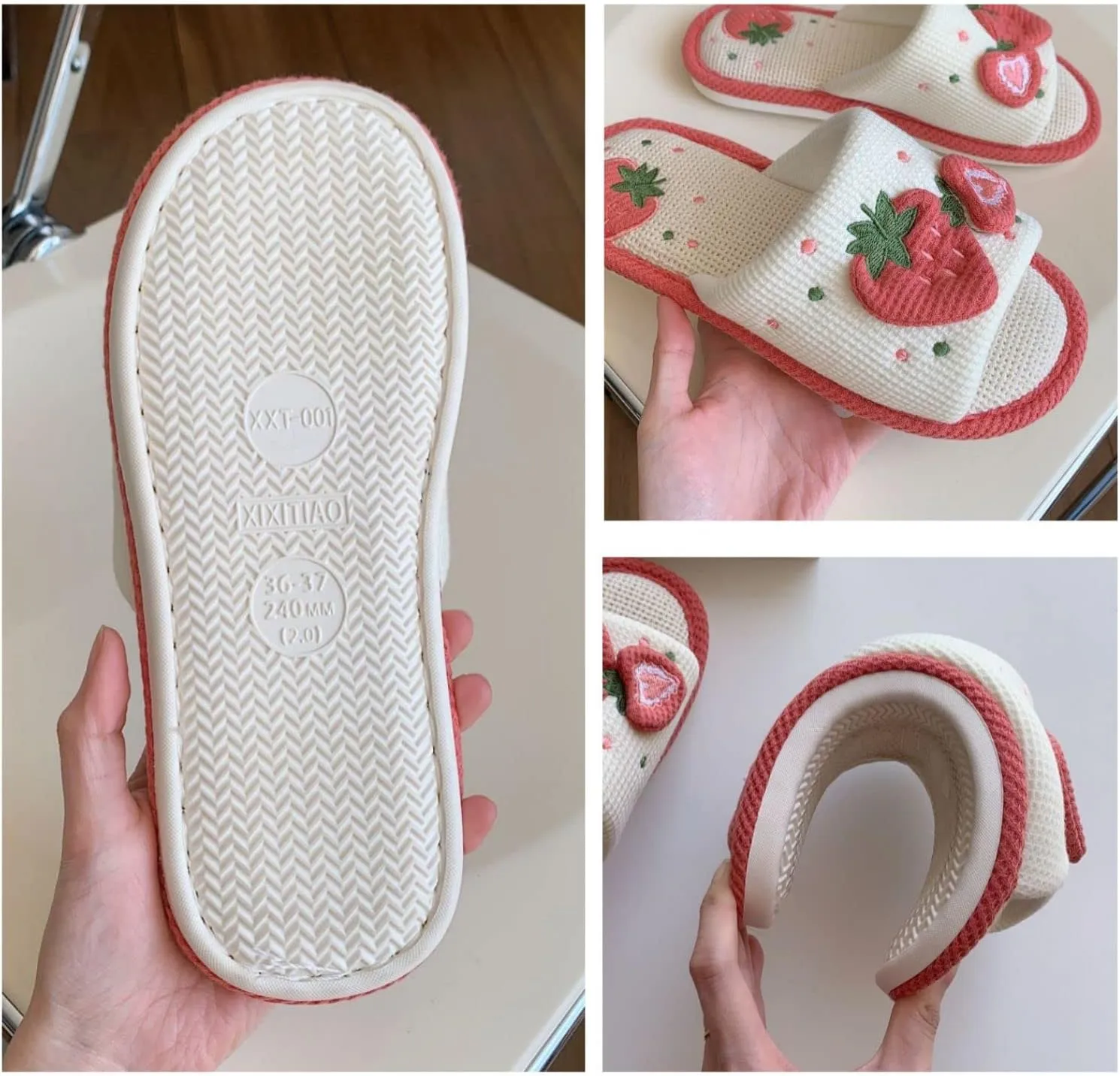 Cute Strawberry Slippers Indoor Linen House Slippers for Women Cotton Home Floor Slippers Open Toe Non-Slip Slides