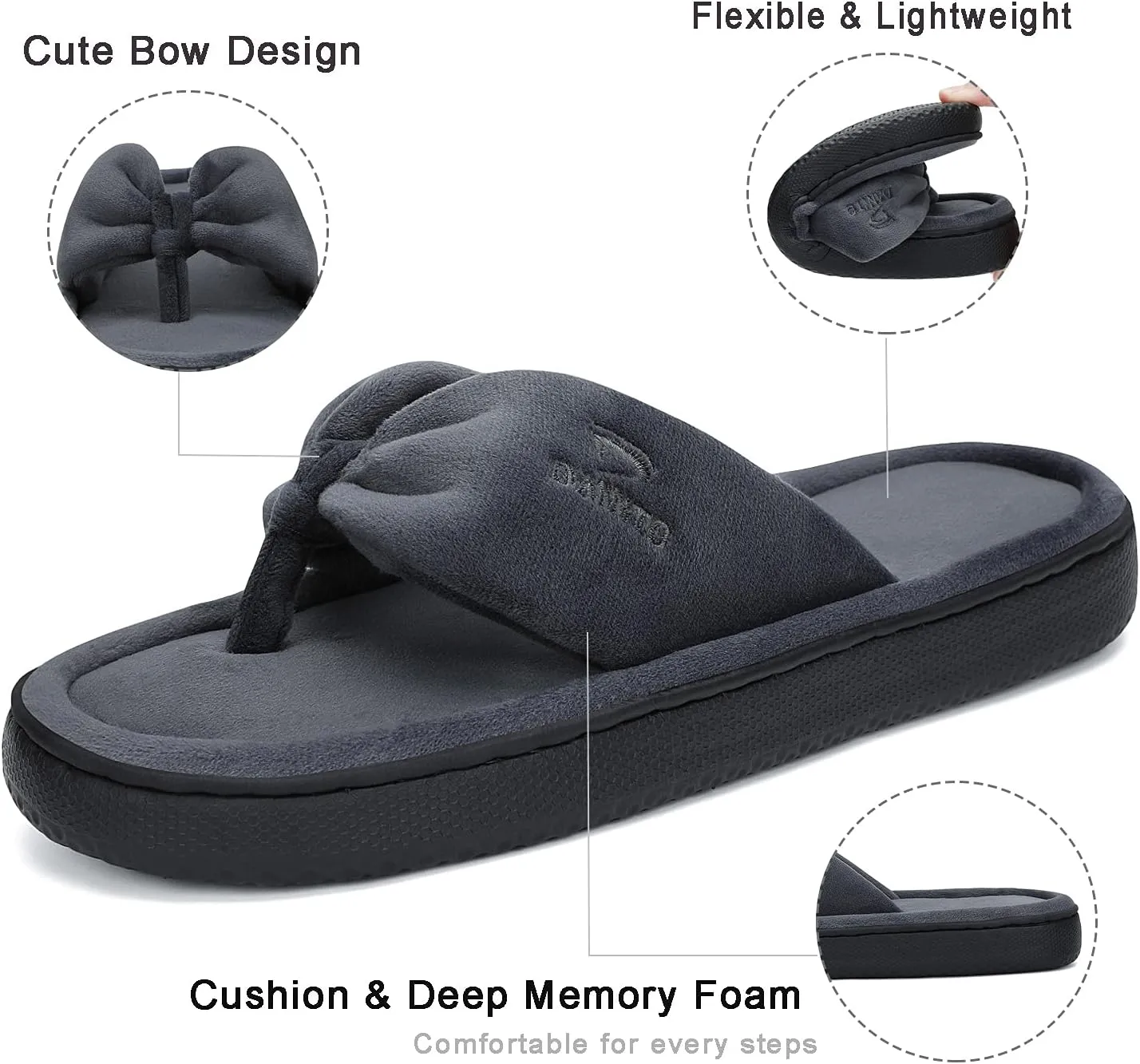Dannto Women's House Slippers Memory Foam Flip Flops Thong Indoor Shoes Open Toe