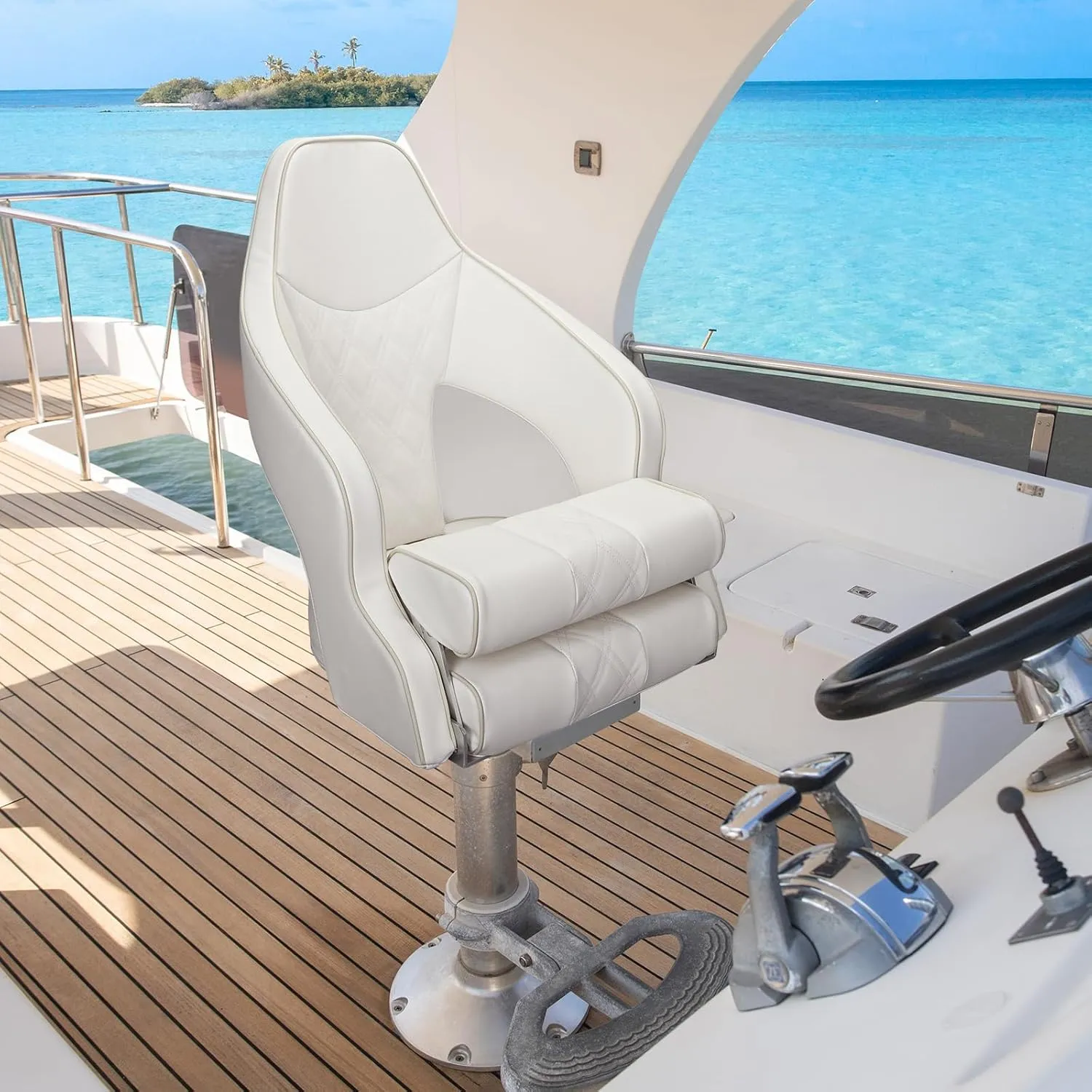 Deluxe Pro High Back Boat Seat Premium Sports Flip Up Captain Boat Seat with Armrests (White/White/Ivory)