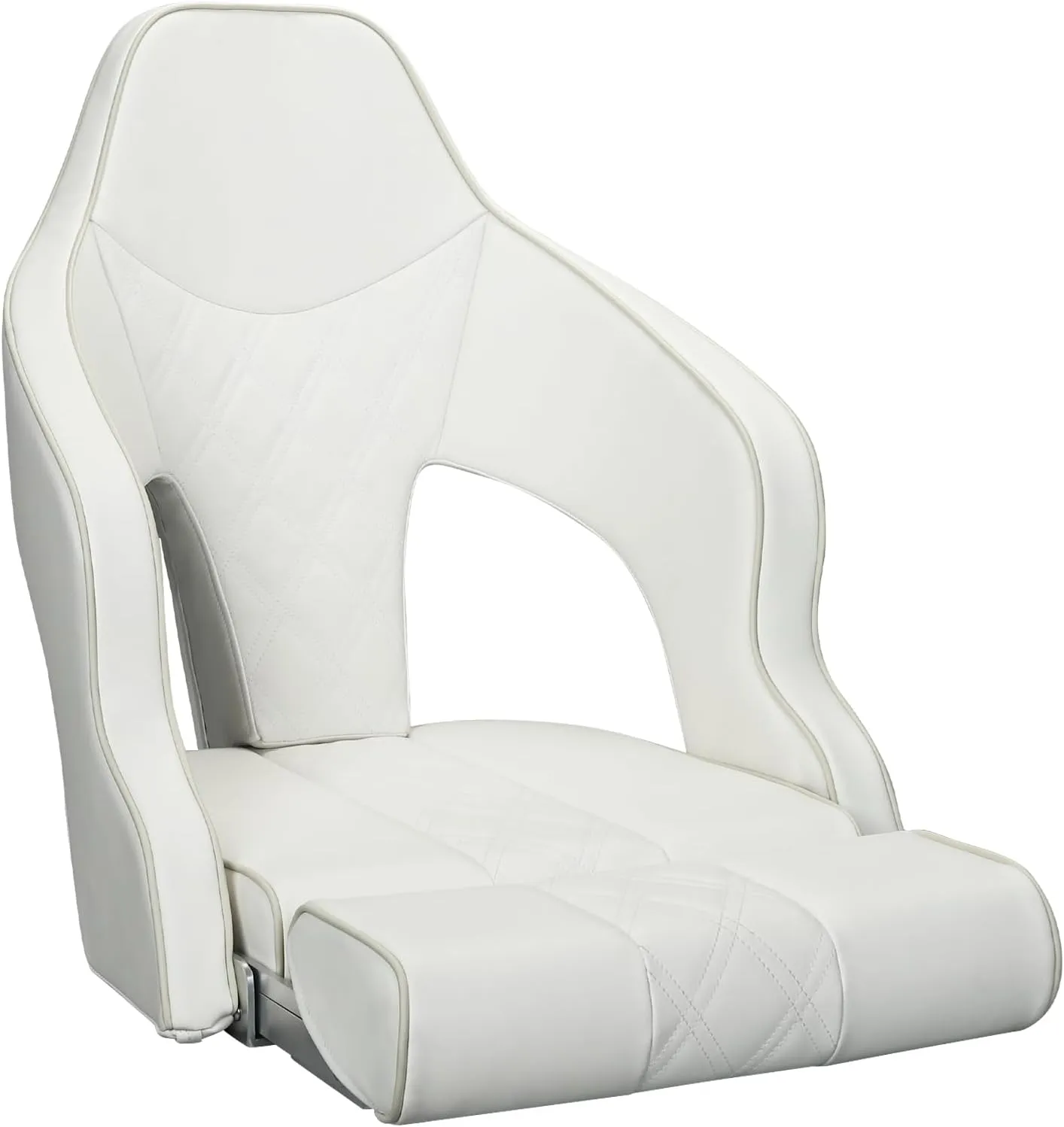 Deluxe Pro High Back Boat Seat Premium Sports Flip Up Captain Boat Seat with Armrests (White/White/Ivory)