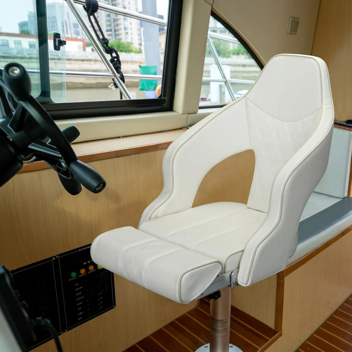 Deluxe Pro High Back Boat Seat Premium Sports Flip Up Captain Boat Seat with Armrests (White/White/Ivory)