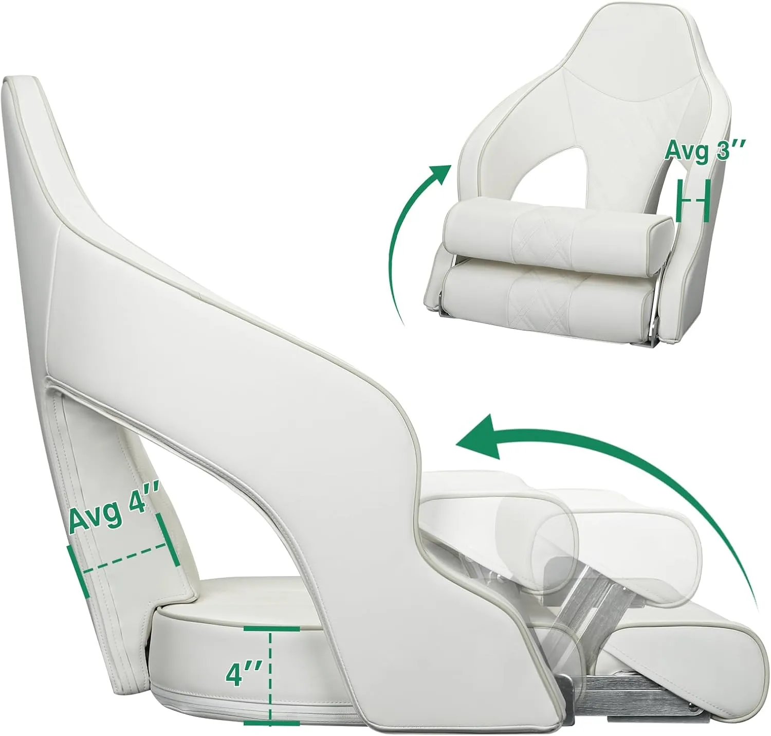 Deluxe Pro High Back Boat Seat Premium Sports Flip Up Captain Boat Seat with Armrests (White/White/Ivory)