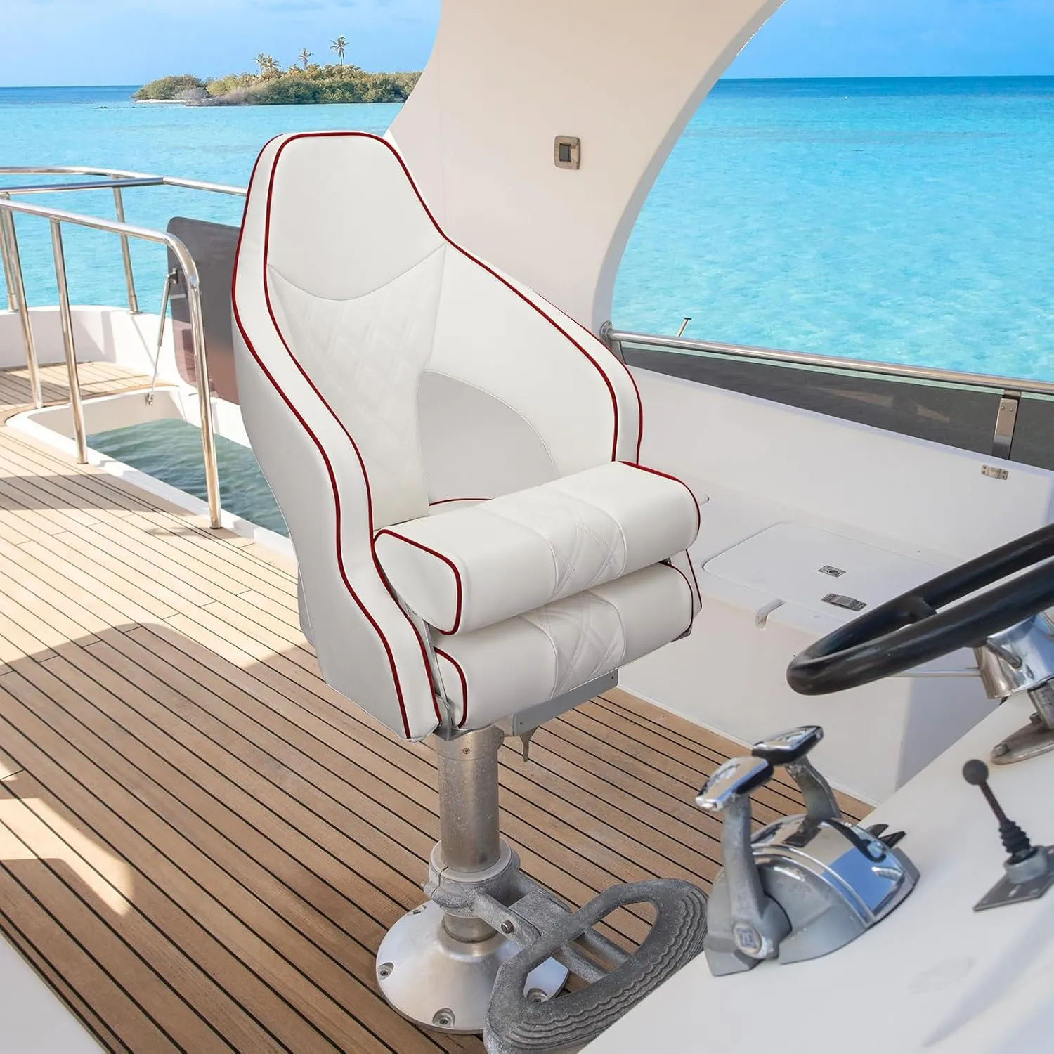 Deluxe Pro High Back Boat Seat Premium Sports Flip Up Captain Boat Seat with Armrests (White/White/Red)