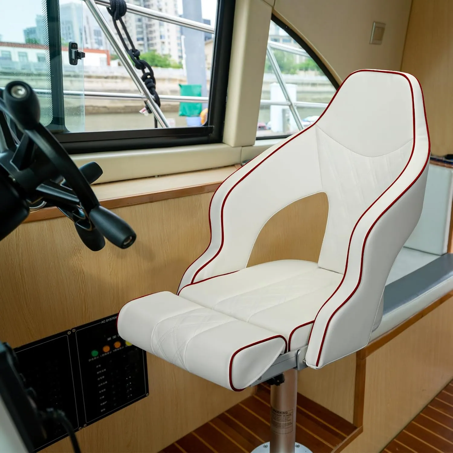 Deluxe Pro High Back Boat Seat Premium Sports Flip Up Captain Boat Seat with Armrests (White/White/Red)