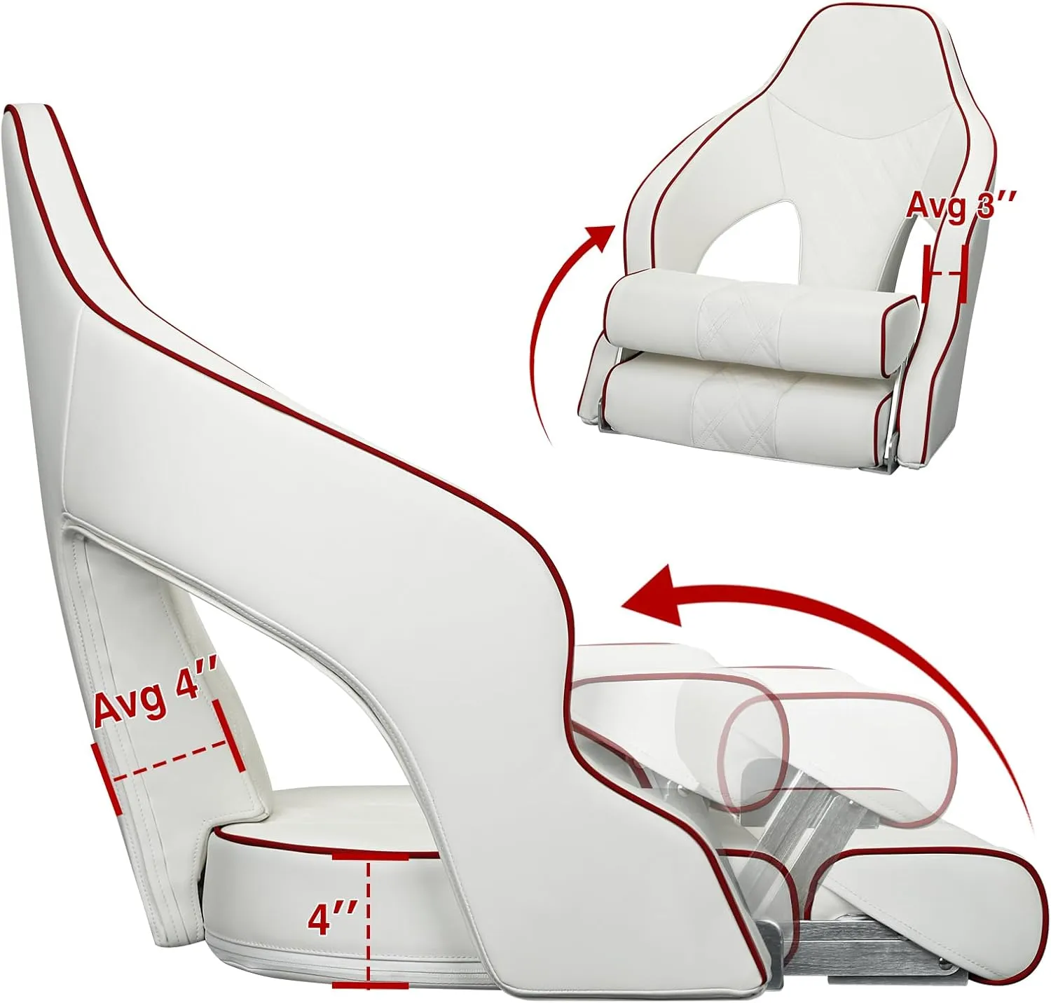 Deluxe Pro High Back Boat Seat Premium Sports Flip Up Captain Boat Seat with Armrests (White/White/Red)
