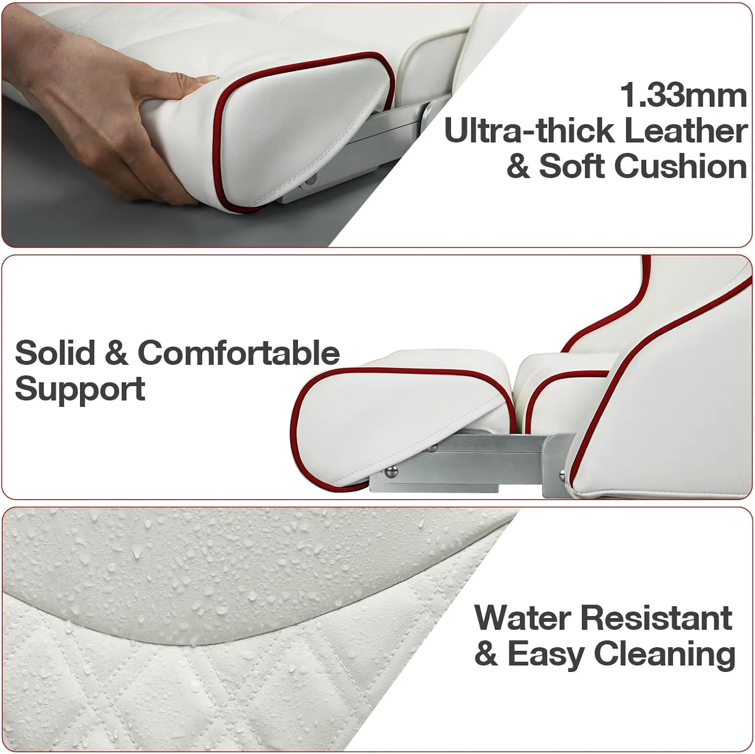 Deluxe Pro High Back Boat Seat Premium Sports Flip Up Captain Boat Seat with Armrests (White/White/Red)
