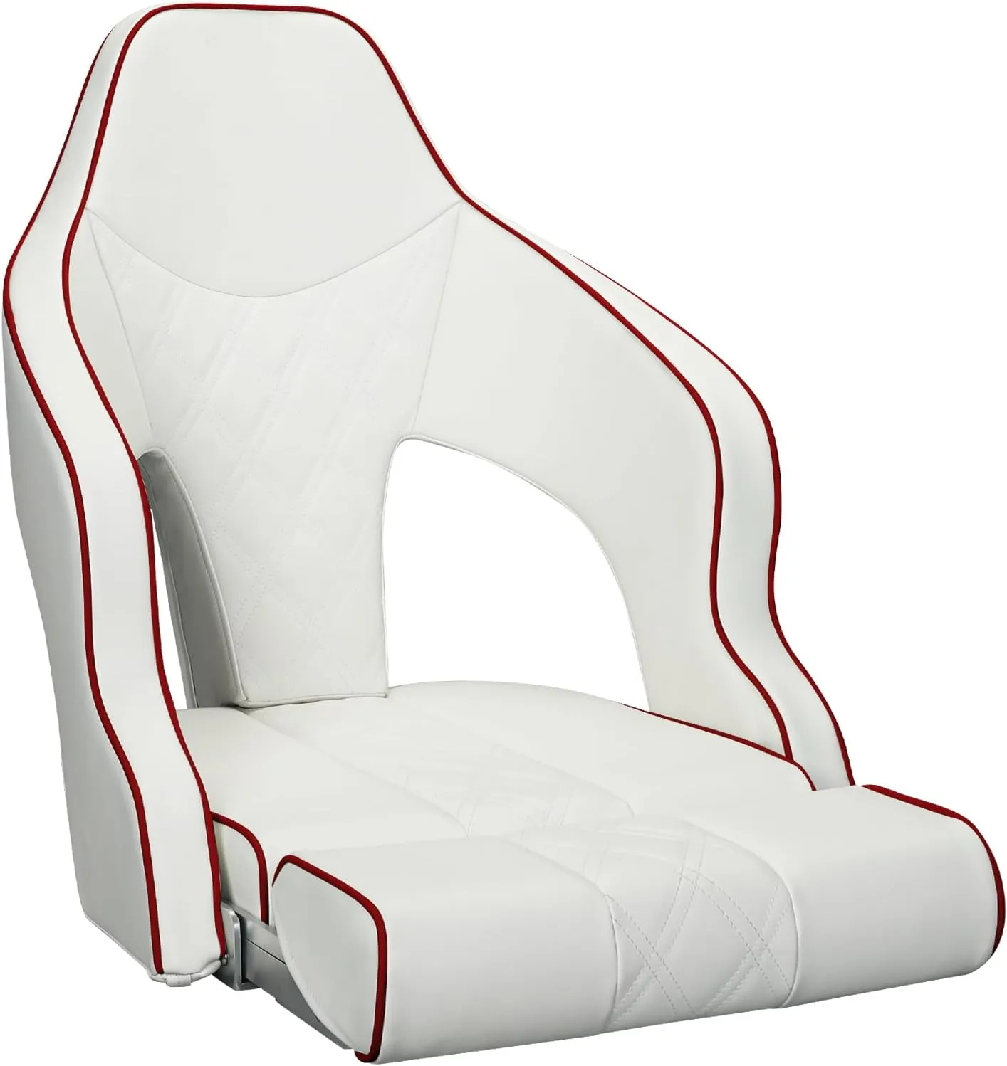 Deluxe Pro High Back Boat Seat Premium Sports Flip Up Captain Boat Seat with Armrests (White/White/Red)