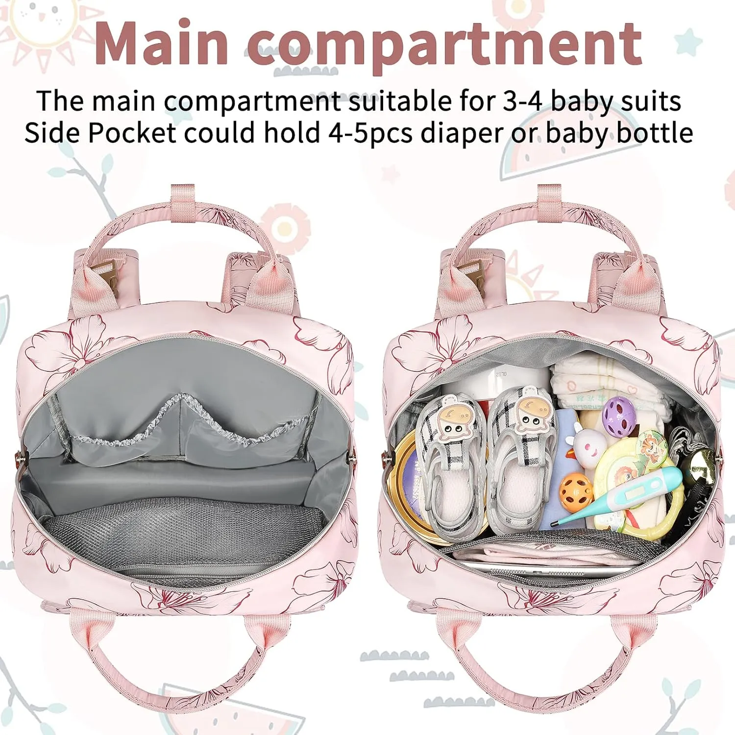 Diaper Bag Backpack, Baby Girl Diaper Bag for Mom, Large Pink Floral Diaper Bag Backpack for Girls, Waterproof Mom Backpack for Work Travel Holiday with Insulated Pockets and Stroller Straps