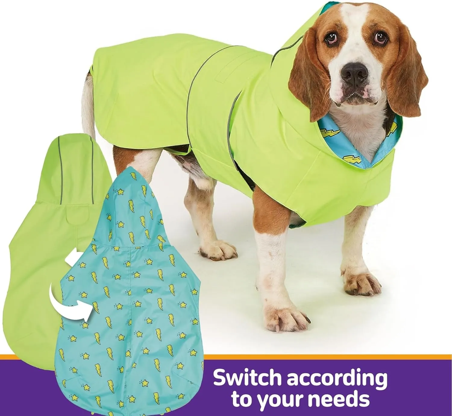 Dog Raincoat Reversible, Single Side Slicker Poncho Adjustable Waterproof Dog Rain Jacket with Leash Hole/Reflective Stripe Hooded Snowproof Windproof Clothes for Medium to 2X Large Dogs, XL