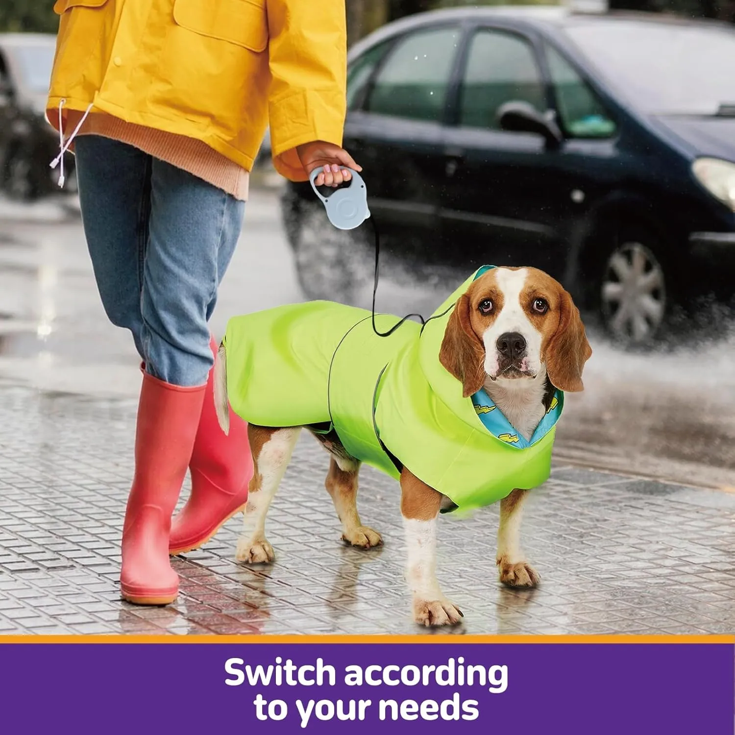 Dog Raincoat Reversible, Single Side Slicker Poncho Adjustable Waterproof Dog Rain Jacket with Leash Hole/Reflective Stripe Hooded Snowproof Windproof Clothes for Medium to 2X Large Dogs, XL