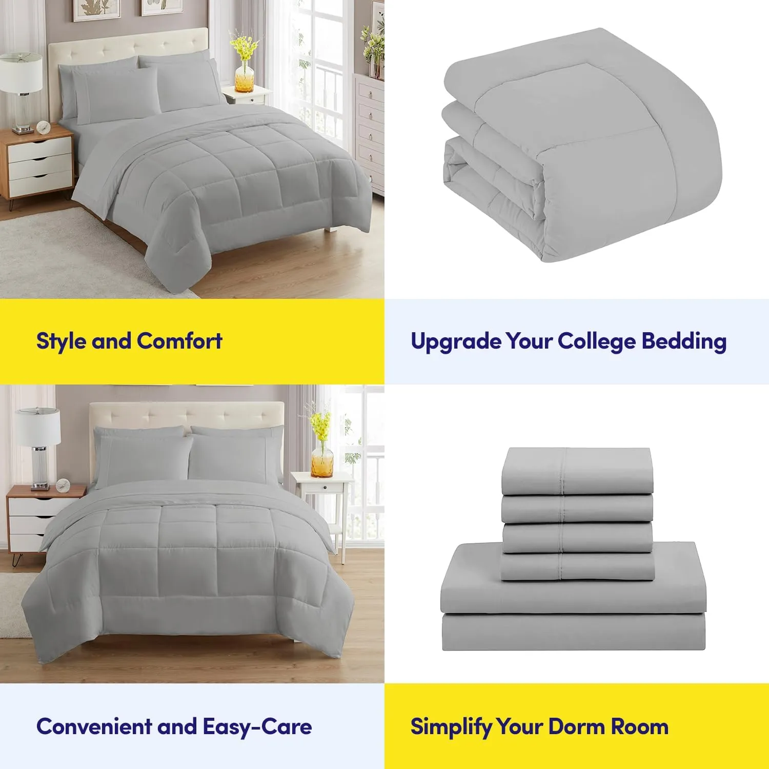 Dorm Room Essentials College Bedding Comforter Set 5 Piece Twin XL Size Bed in a Bag for College Students Boys and Girls, Twin XL, Silver