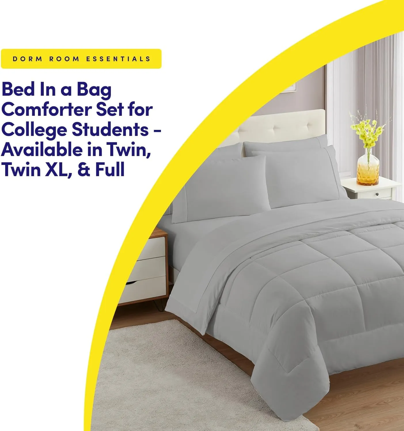Dorm Room Essentials College Bedding Comforter Set 5 Piece Twin XL Size Bed in a Bag for College Students Boys and Girls, Twin XL, Silver