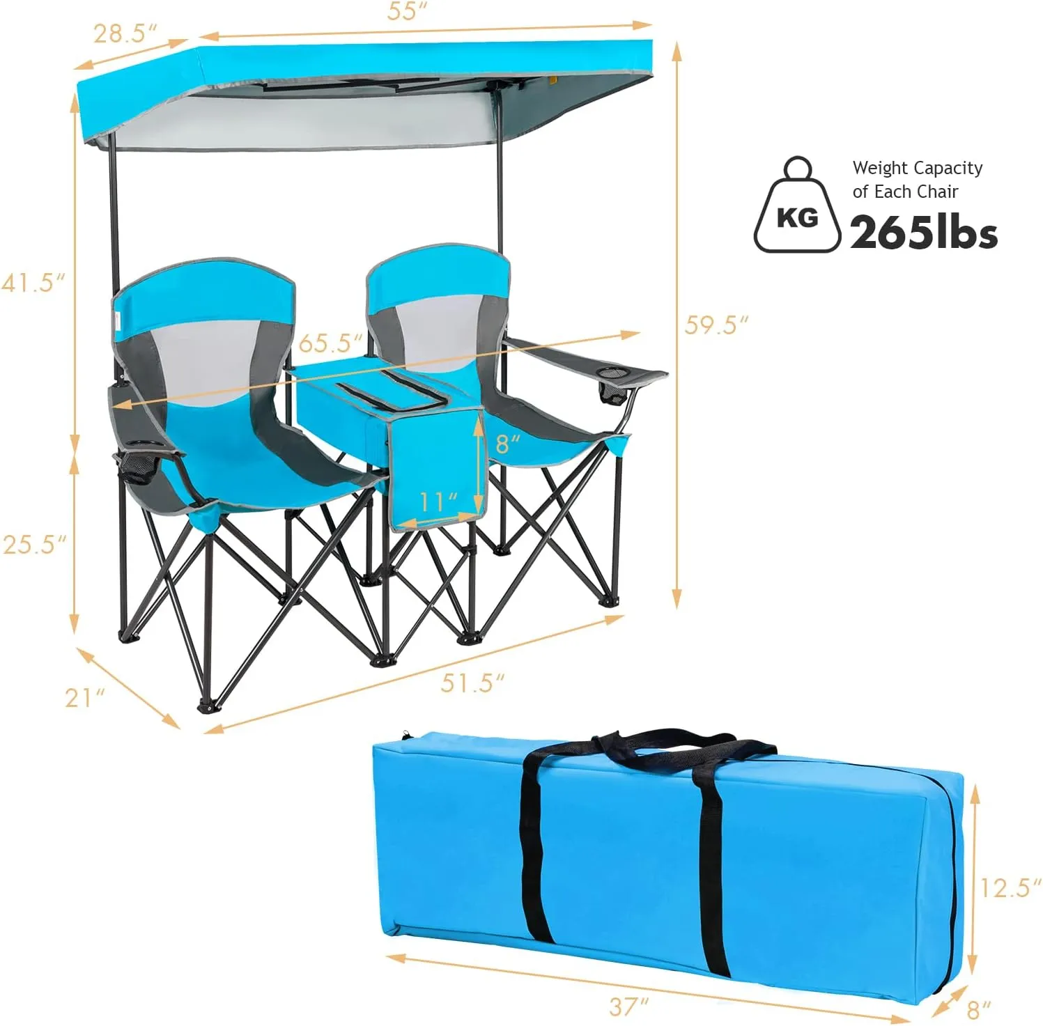 DORTALA Double Camping Chair with Canopy, 2 Person Folding Beach Chair with Canopy Shade, Table Beverage Holder and Storage Bag, Double Rocker Chair Outdoor for Camping, Beach, Picnic, Blue
