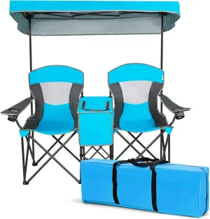 DORTALA Double Camping Chair with Canopy, 2 Person Folding Beach Chair with Canopy Shade, Table Beverage Holder and Storage Bag, Double Rocker Chair Outdoor for Camping, Beach, Picnic, Blue