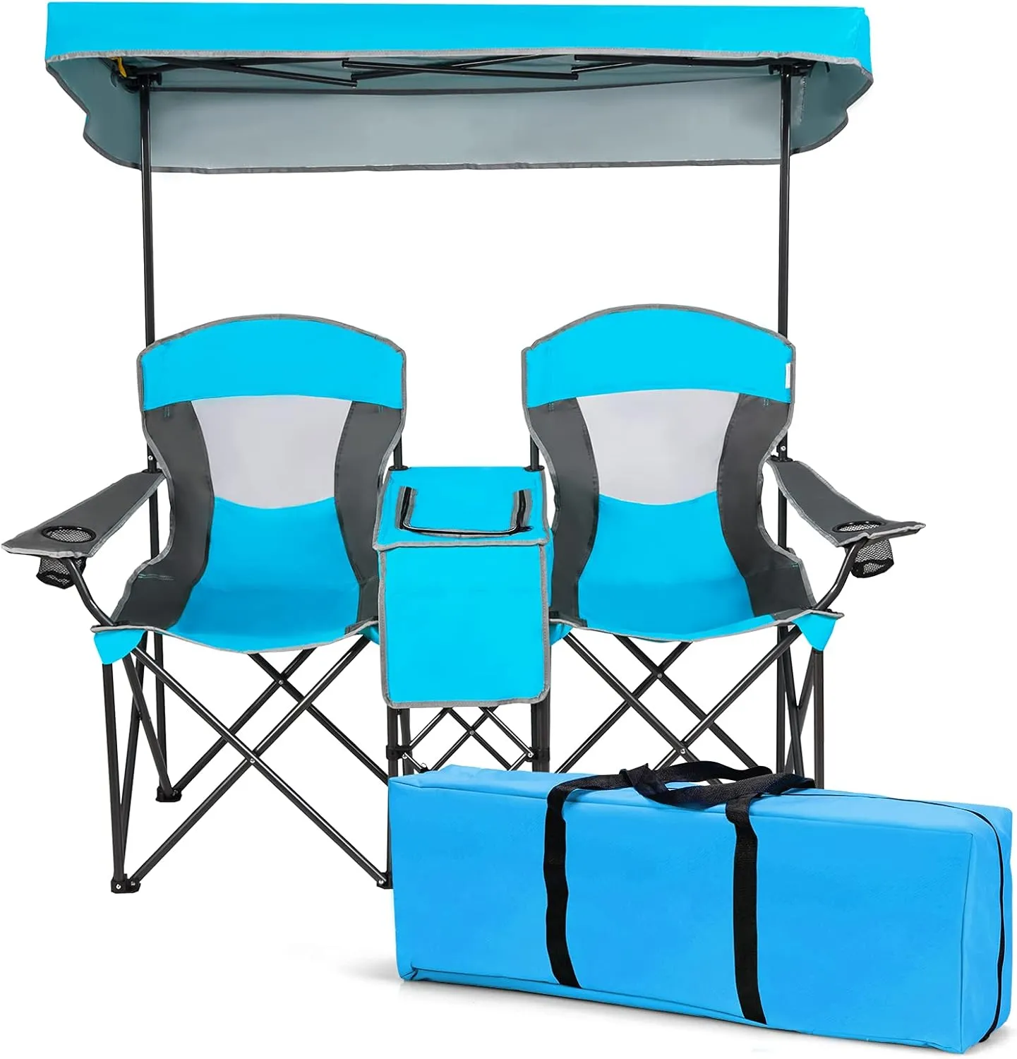 DORTALA Double Camping Chair with Canopy, 2 Person Folding Beach Chair with Canopy Shade, Table Beverage Holder and Storage Bag, Double Rocker Chair Outdoor for Camping, Beach, Picnic, Blue
