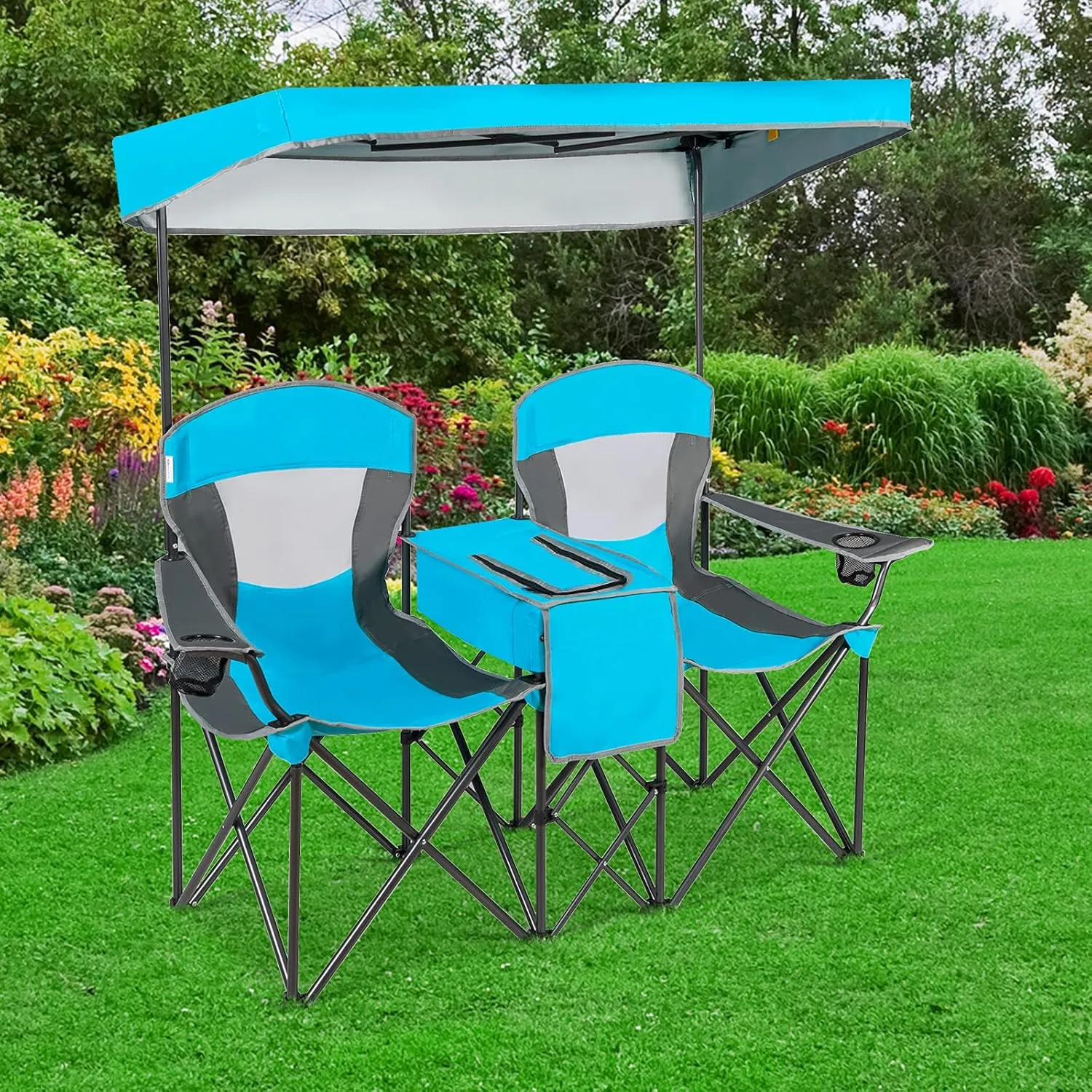 DORTALA Double Camping Chair with Canopy, 2 Person Folding Beach Chair with Canopy Shade, Table Beverage Holder and Storage Bag, Double Rocker Chair Outdoor for Camping, Beach, Picnic, Blue