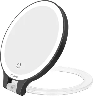 Double Sided Makeup Mirror with Magnification and Lights, 1X/10X Rechargeable Lighted Vanity Mirror with 3 Color Lighting Modes Adjustable LED Tabletop Mirror