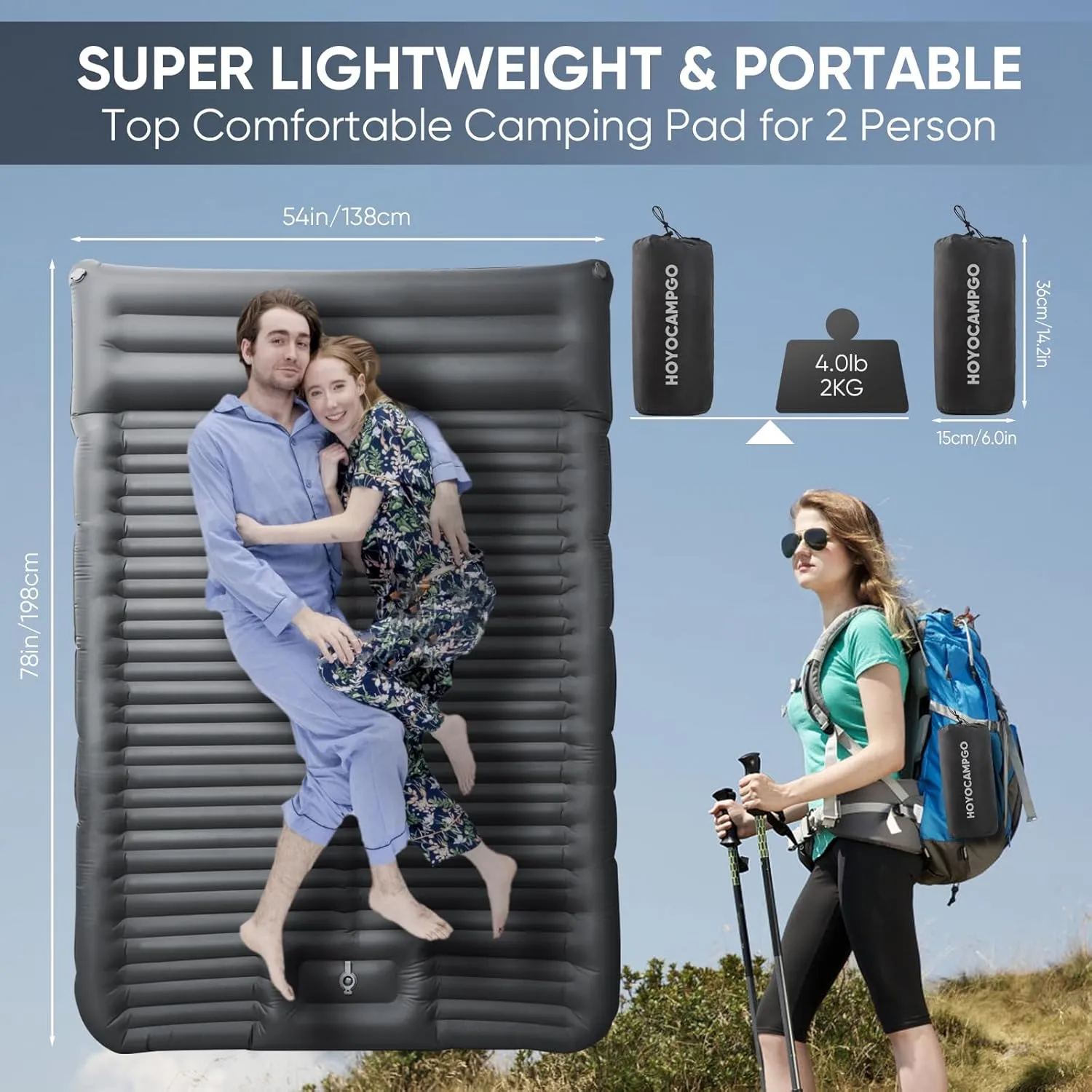 Double Sleeping Pad, Self Inflating 2 Person Camping Mat Extra Thick Ultralight Inflatable Camping Pad with Pillow Built-in Foot Pump for Camping Hiking Backpacking Tent Traveling