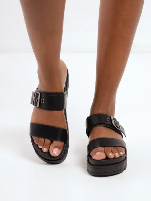 Double Strap Platform Mule Sandal - Black