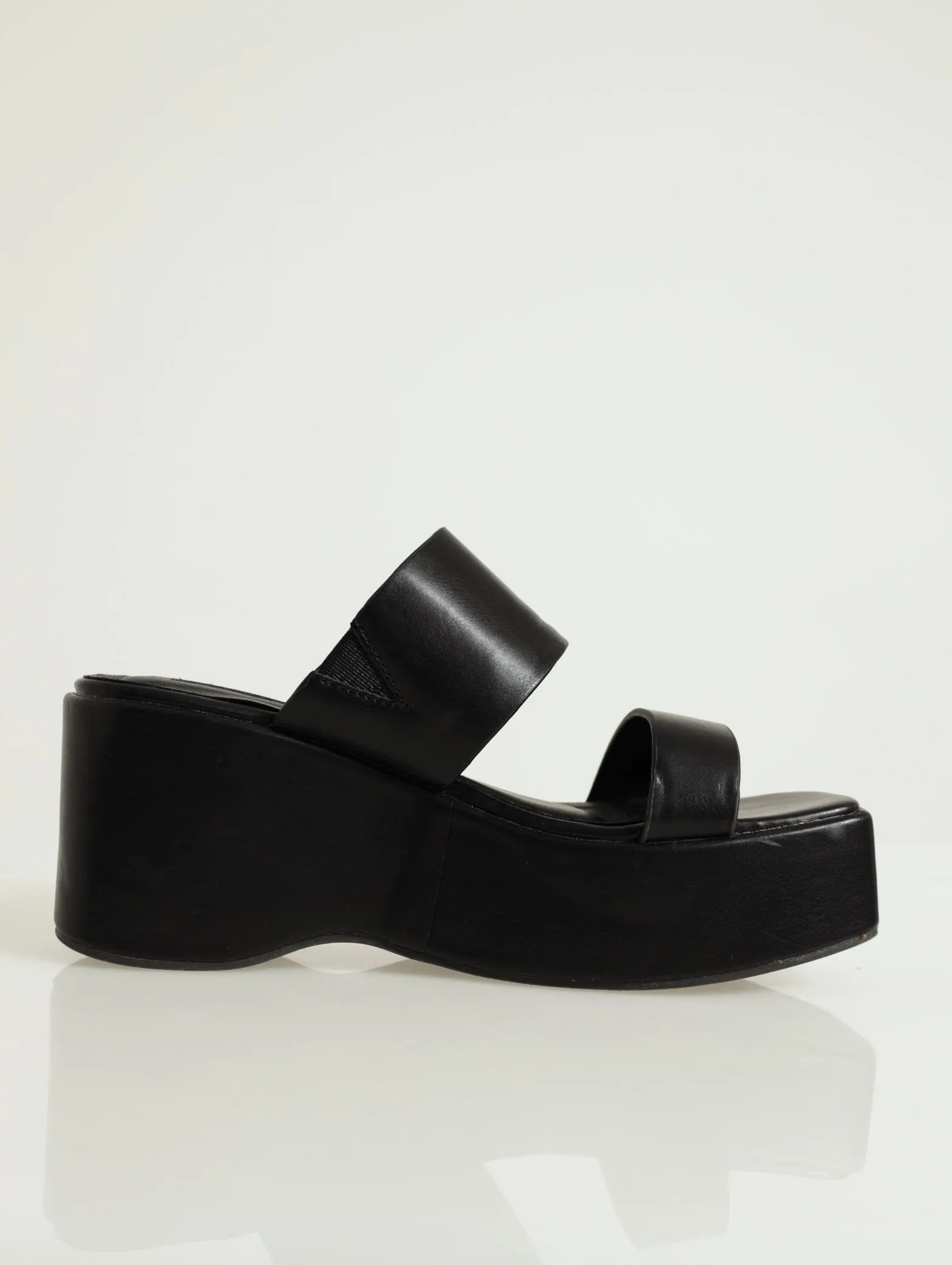 Double Strap Push-In Mule Platform Wedge - Black