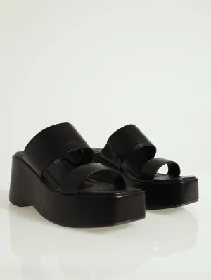 Double Strap Push-In Mule Platform Wedge - Black