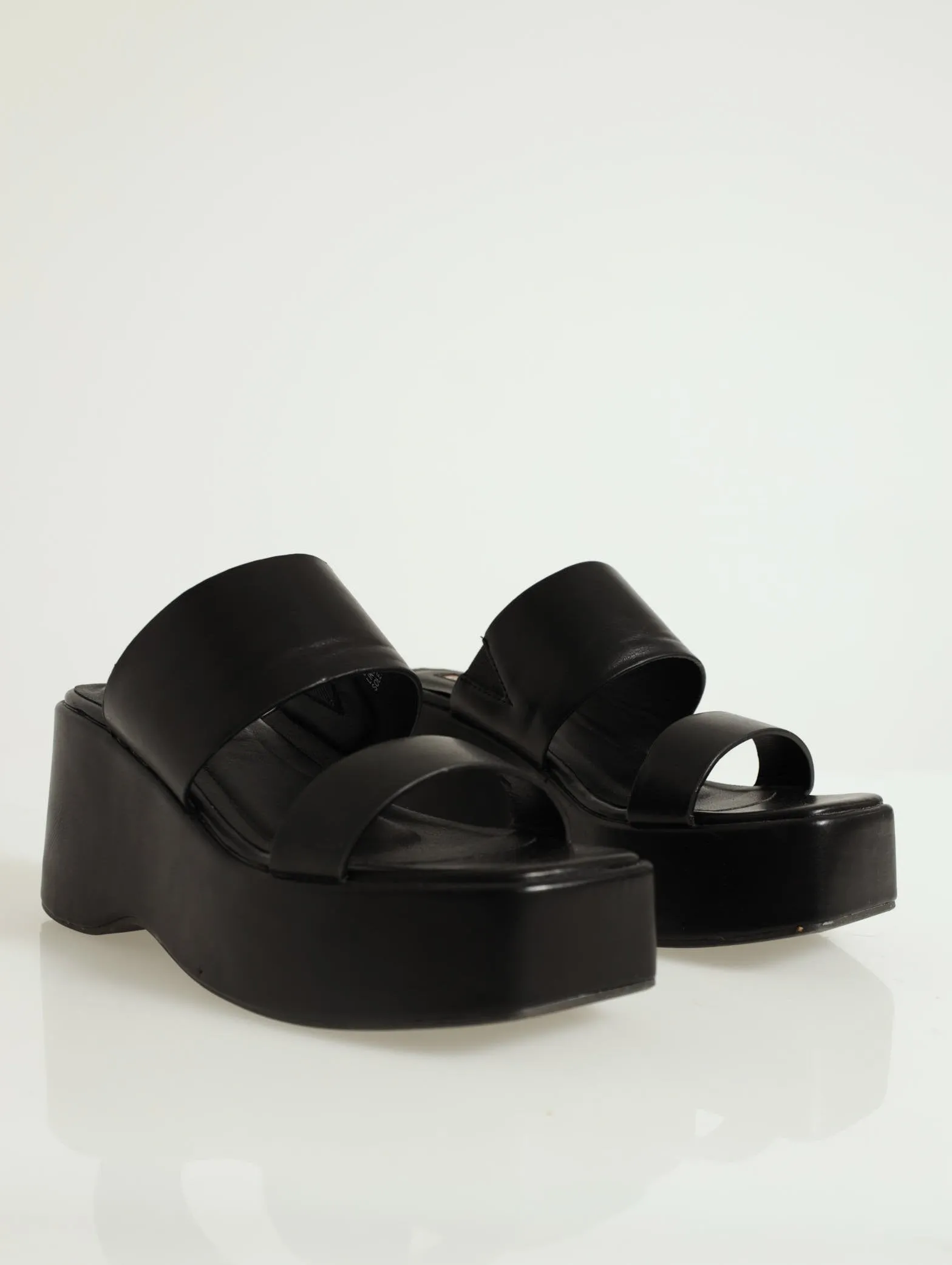 Double Strap Push-In Mule Platform Wedge - Black