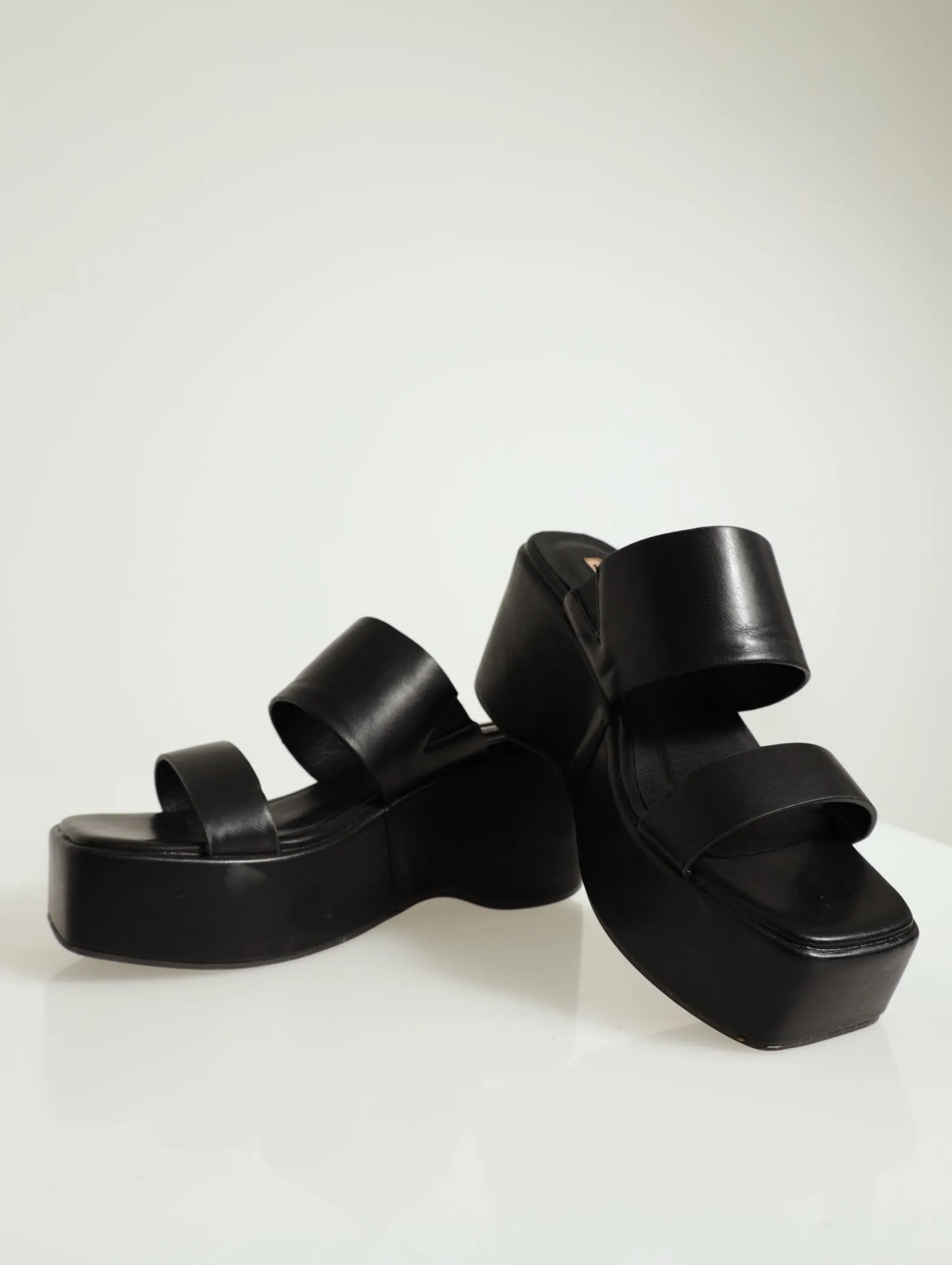 Double Strap Push-In Mule Platform Wedge - Black